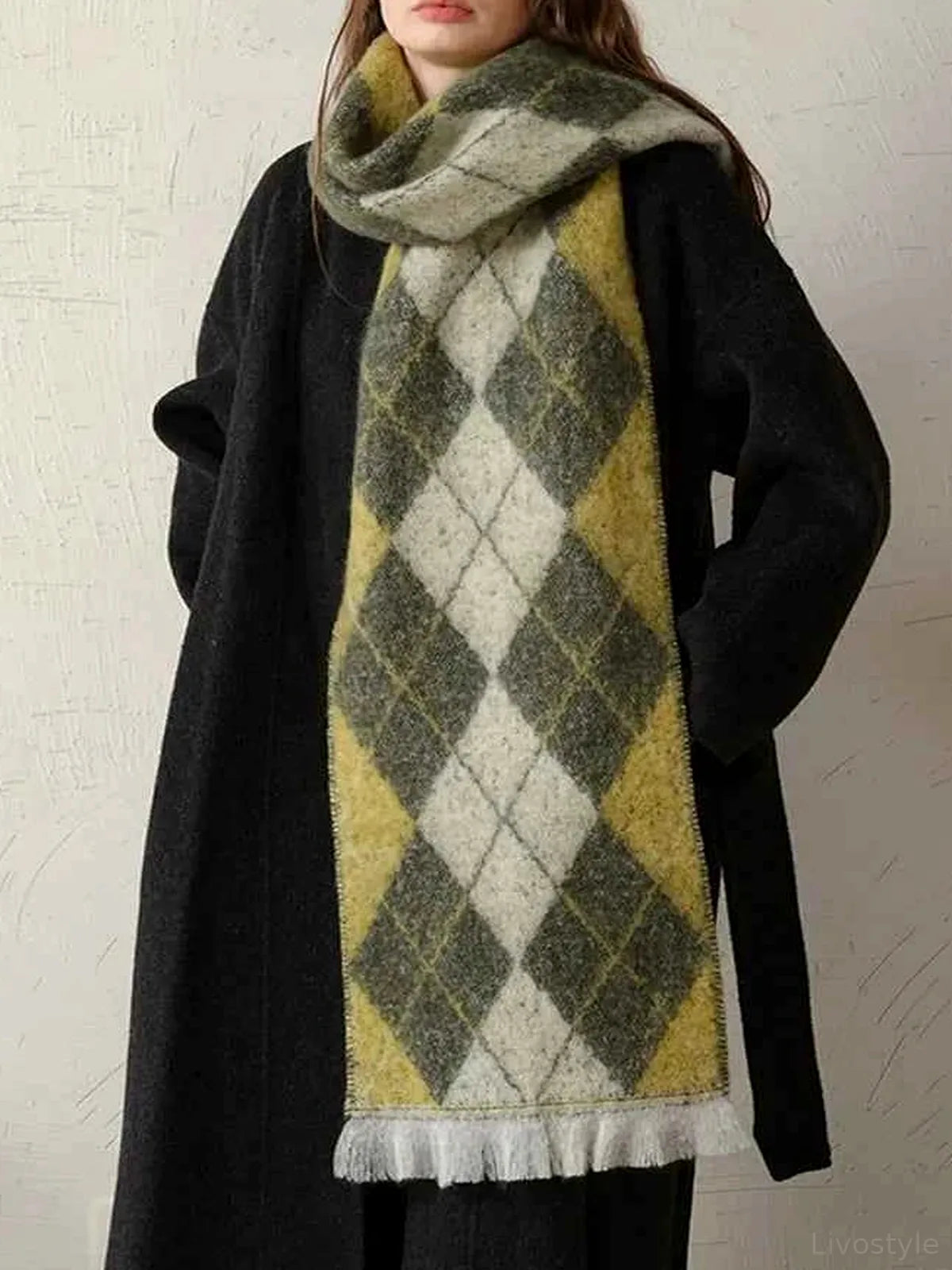 Fringe Argyle Polyester Scarf