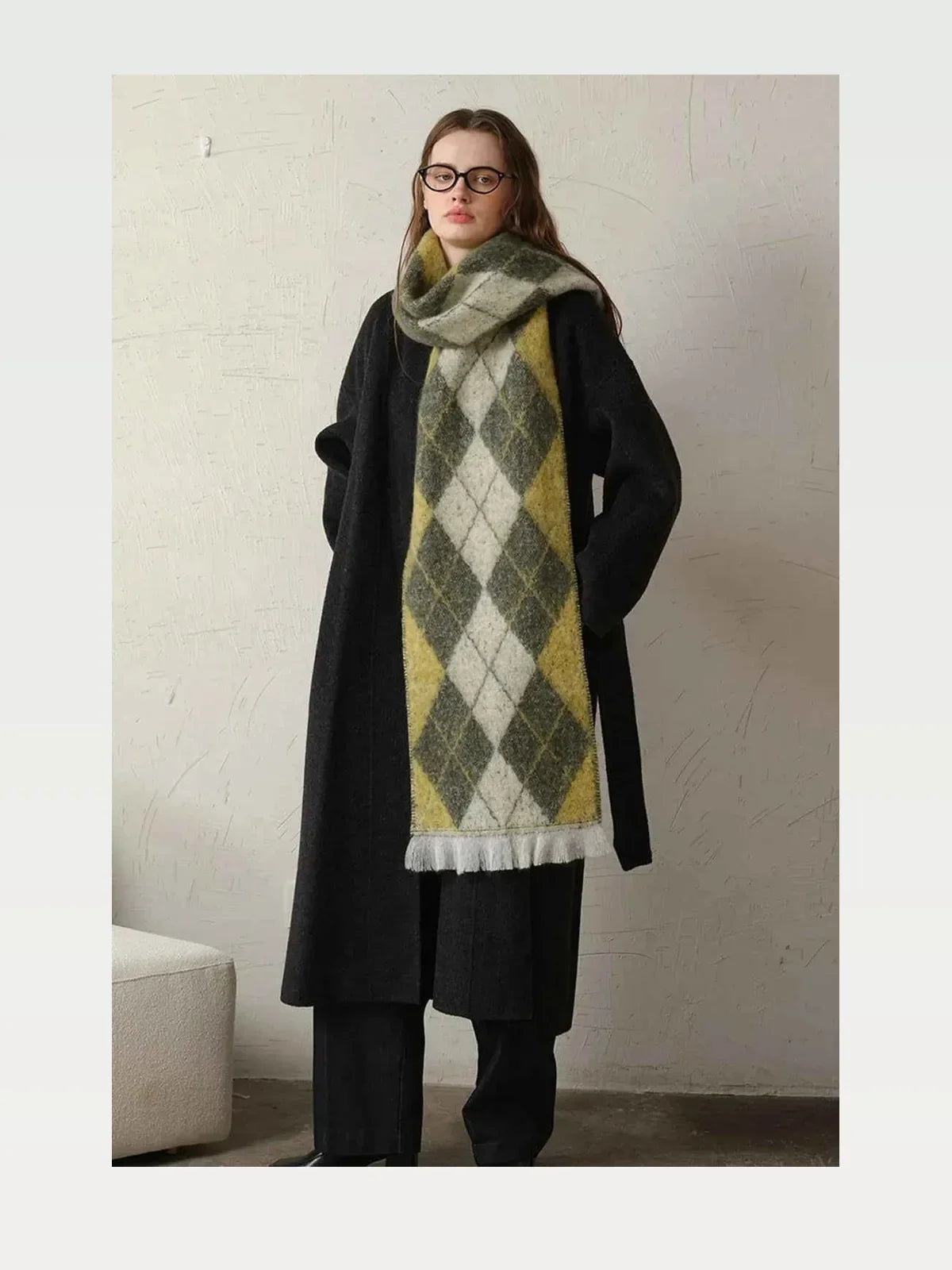 Fringe Argyle Polyester Scarf