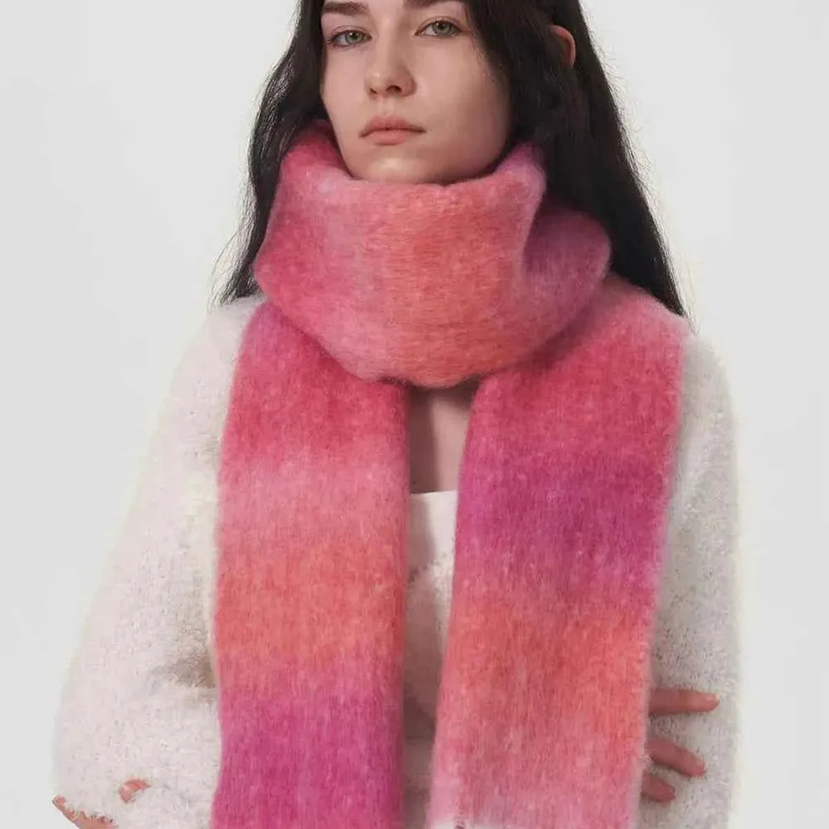 Fringe Gradient Thermal Scarf with Wool Blend