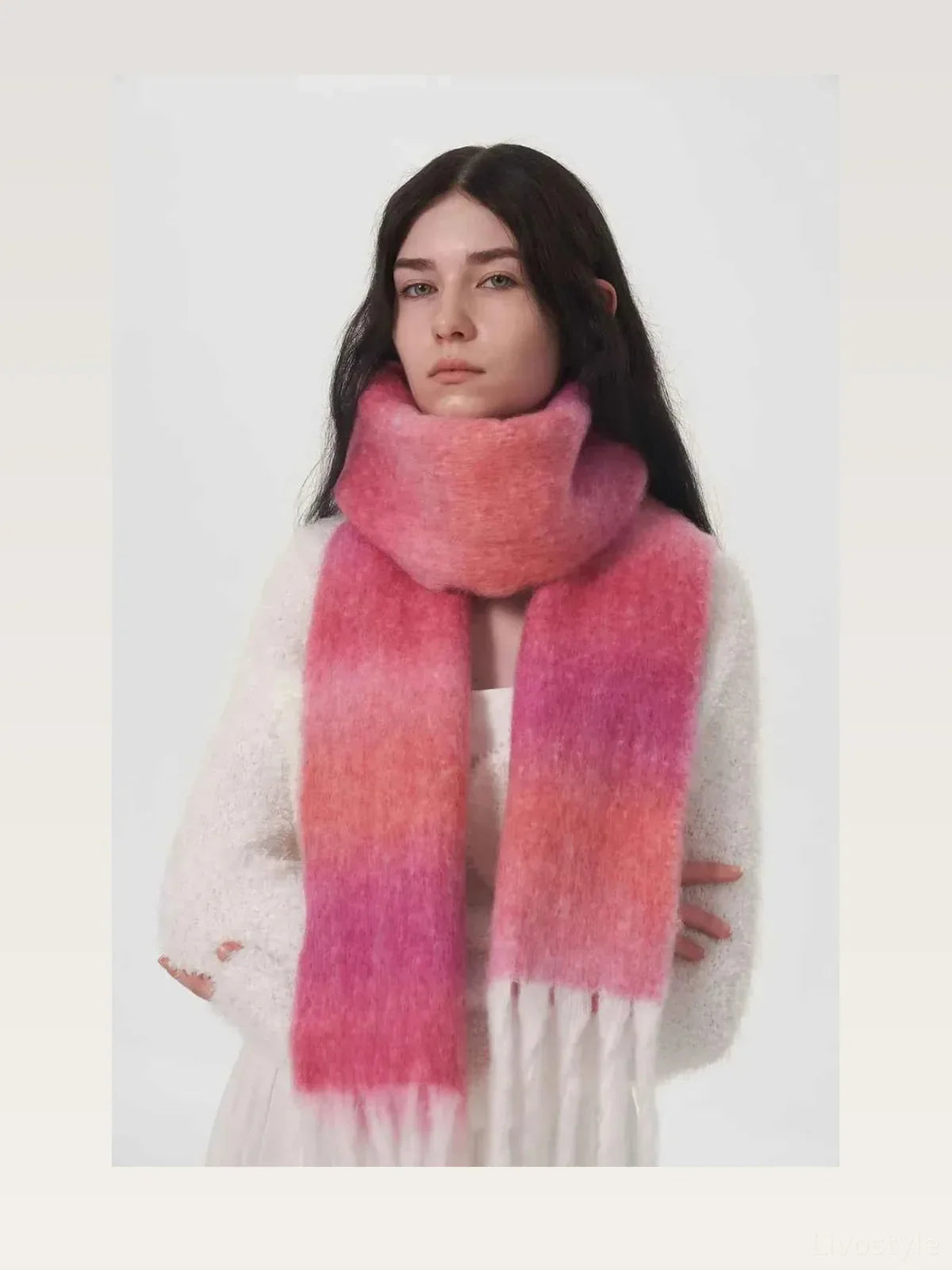 Fringe Gradient Thermal Scarf with Wool Blend