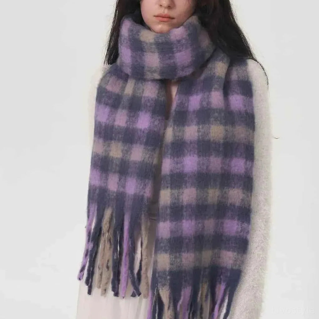 Lilac Fringed Plaid Polyester Scarf