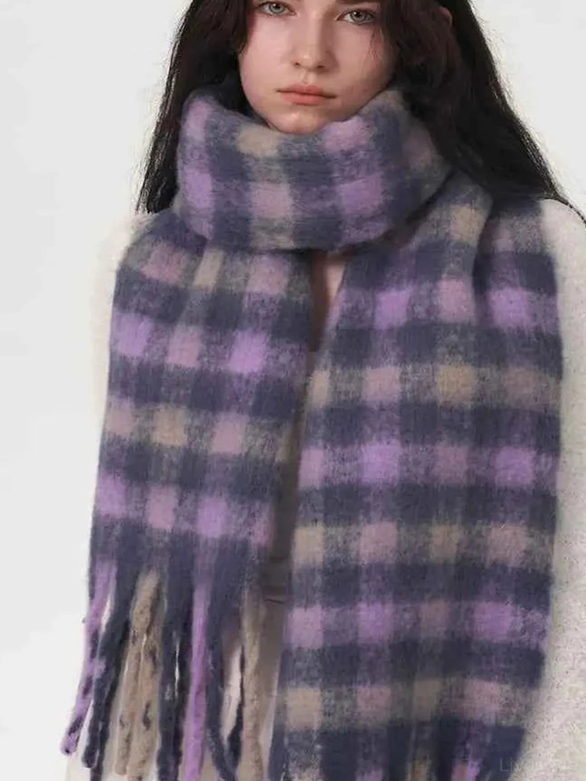 Lilac Fringed Plaid Polyester Scarf