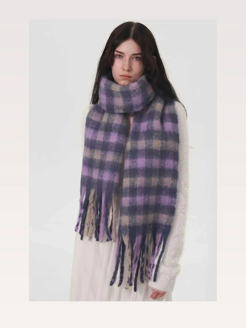 Lilac Fringed Plaid Polyester Scarf