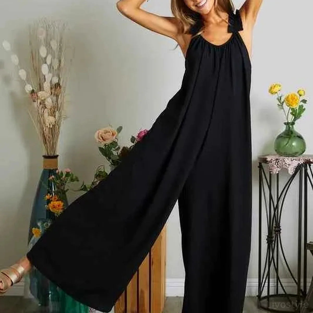 Elastic Ruffle Shoulder Halter Wide Leg Jumpsuit