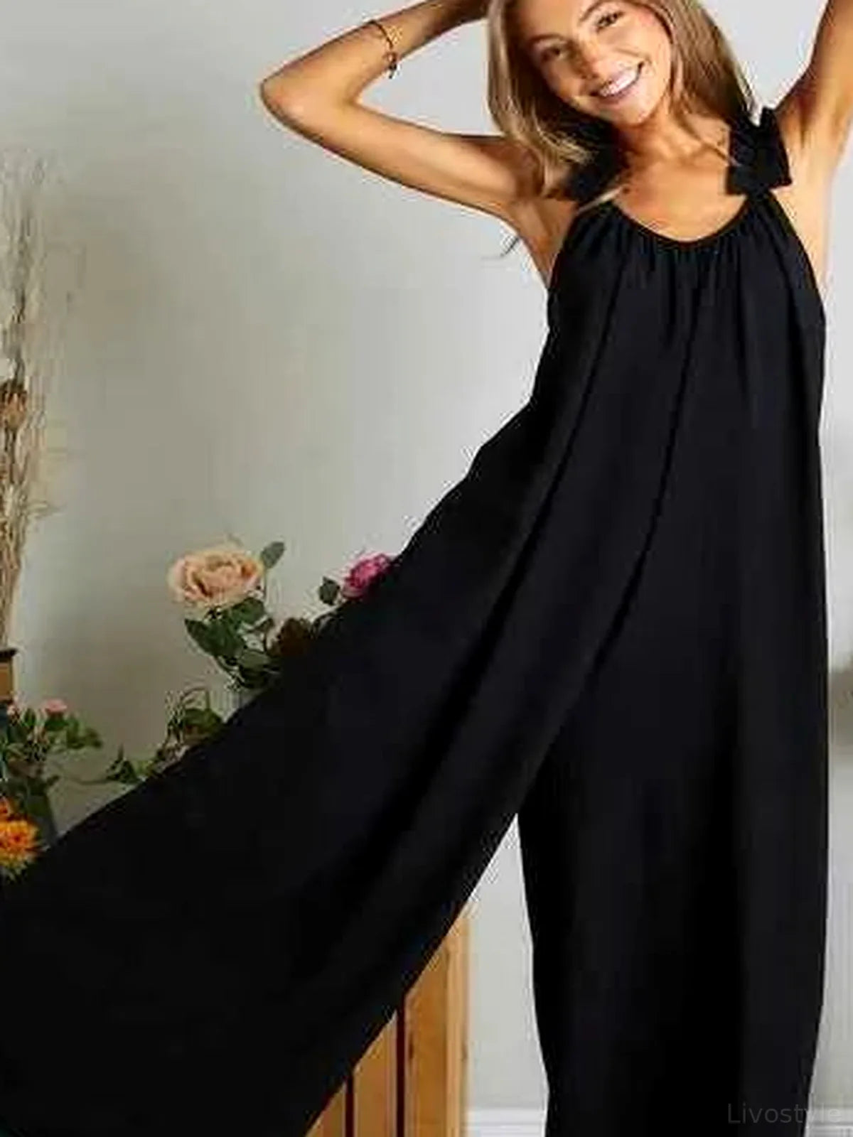 Elastic Ruffle Shoulder Halter Wide Leg Jumpsuit