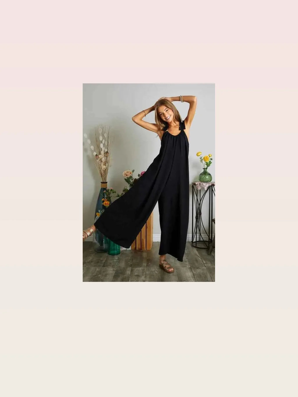 Elastic Ruffle Shoulder Halter Wide Leg Jumpsuit