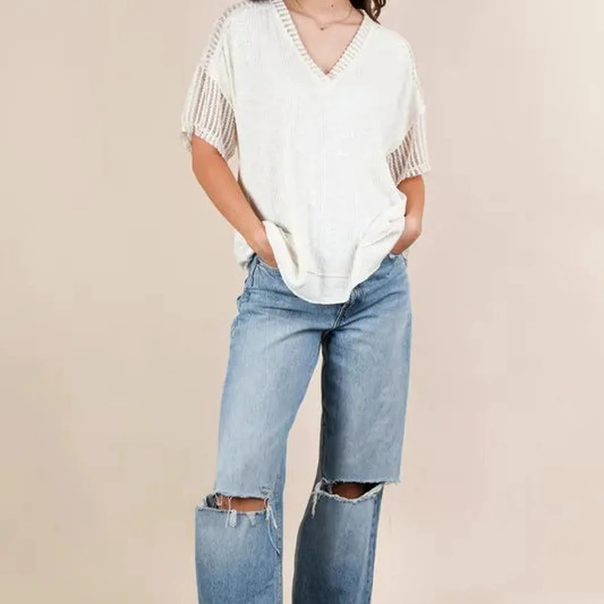Oversized Contrast Knit V-Neck Top – Plus Size Available