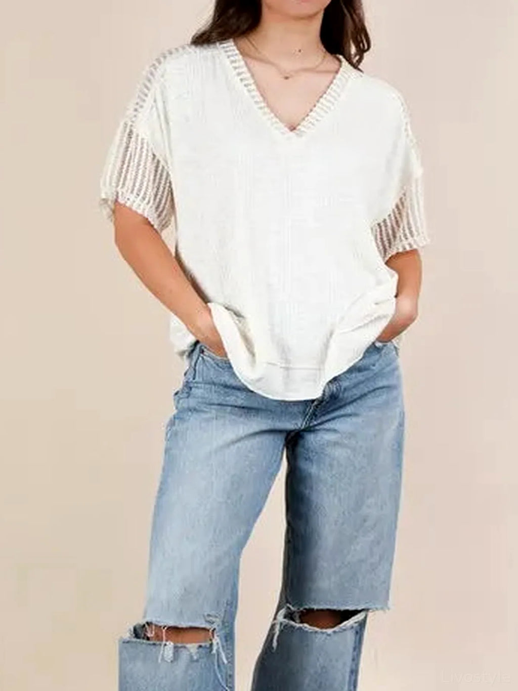 Oversized Contrast Knit V-Neck Top – Plus Size Available