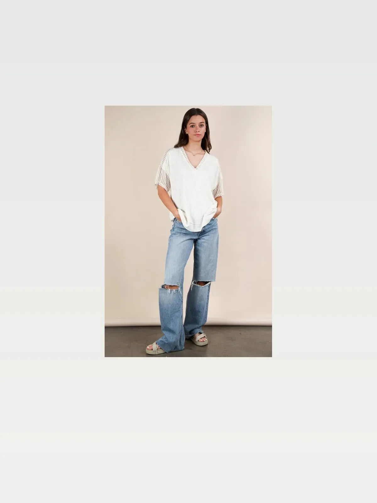 Oversized Contrast Knit V-Neck Top – Plus Size Available