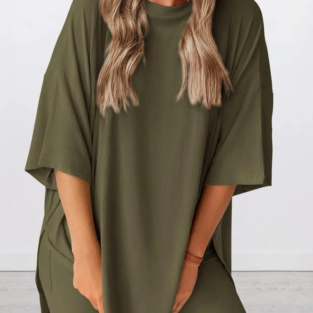 Oversized Round Neck Top and Drawstring Shorts Lounge Set