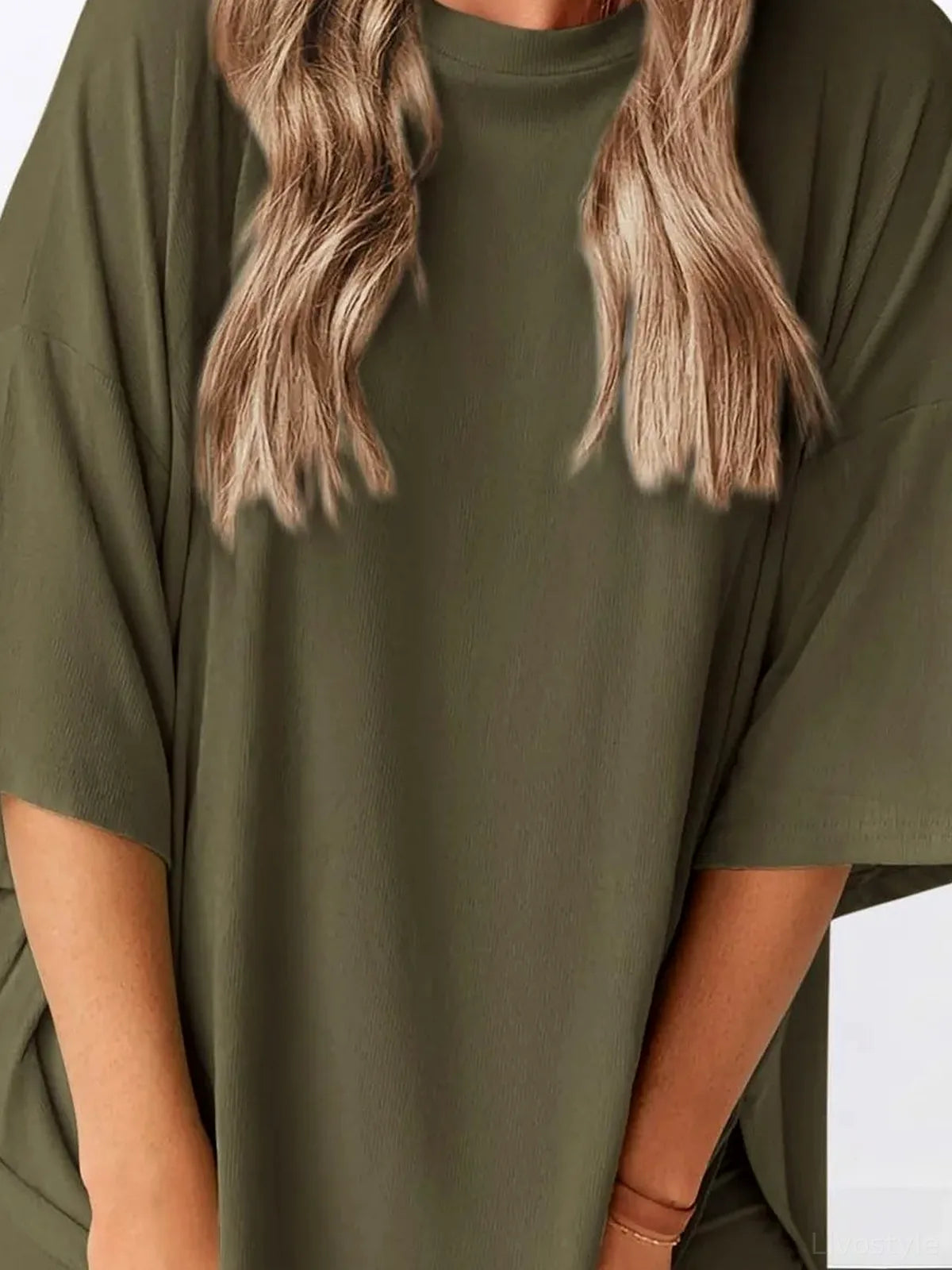 Oversized Round Neck Top and Drawstring Shorts Lounge Set