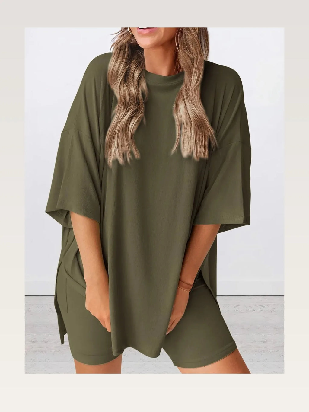 Oversized Round Neck Top and Drawstring Shorts Lounge Set