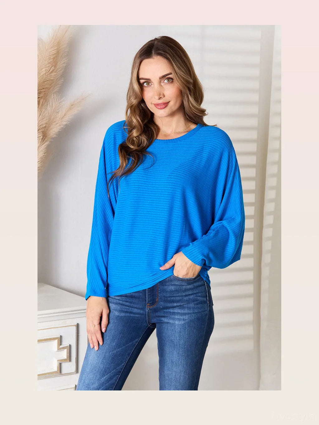 Round Neck Batwing Sleeve Ribbed Blouse