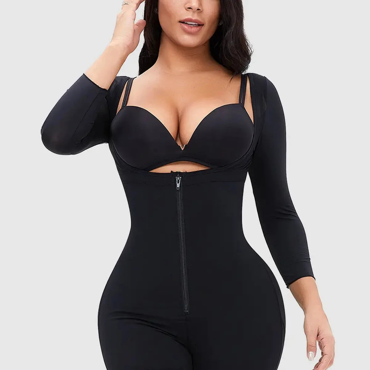 Zip-Up Lace Trim Long Sleeve Shapewear Bodysuit Top