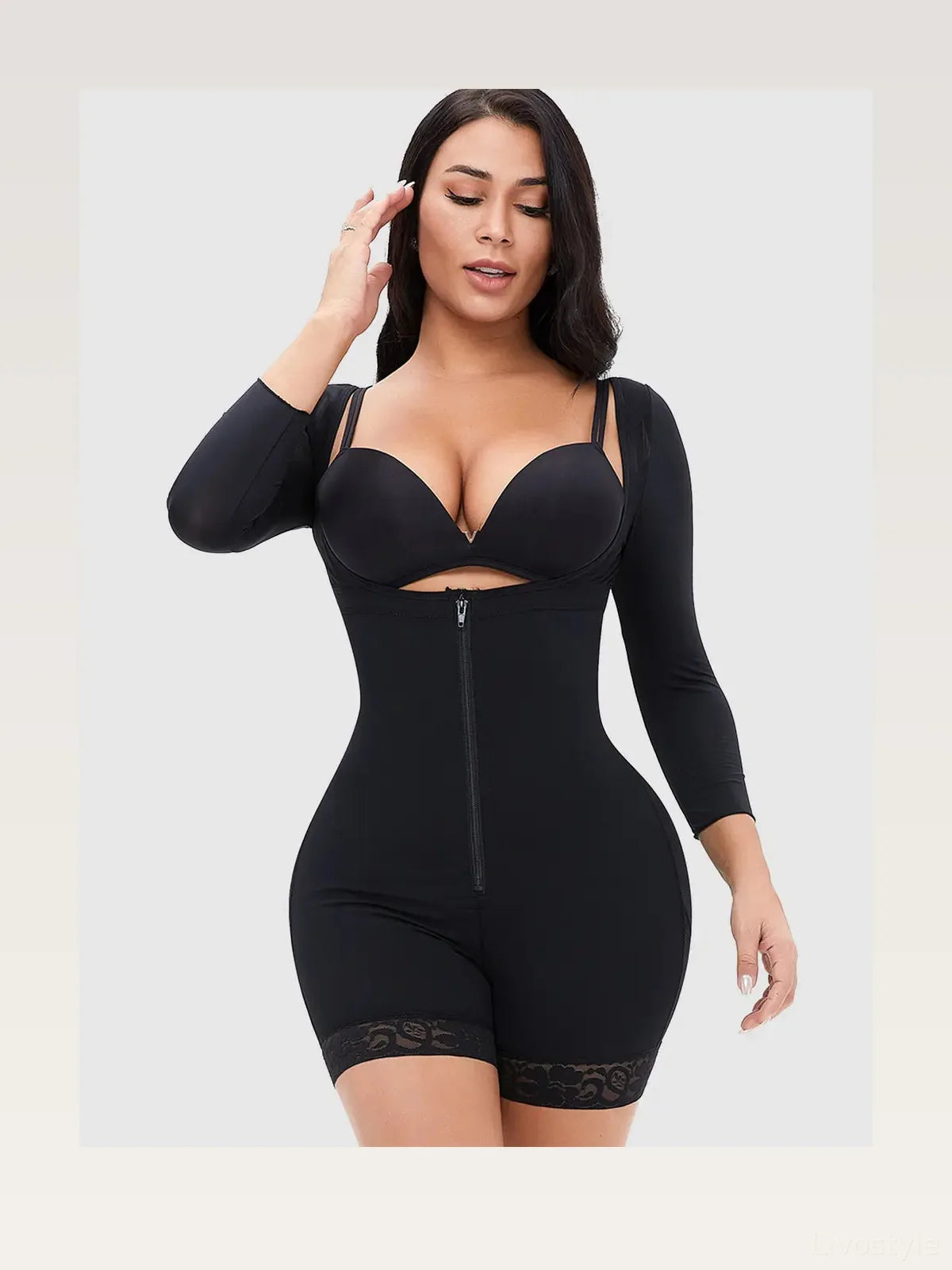 Zip-Up Lace Trim Long Sleeve Shapewear Bodysuit Top