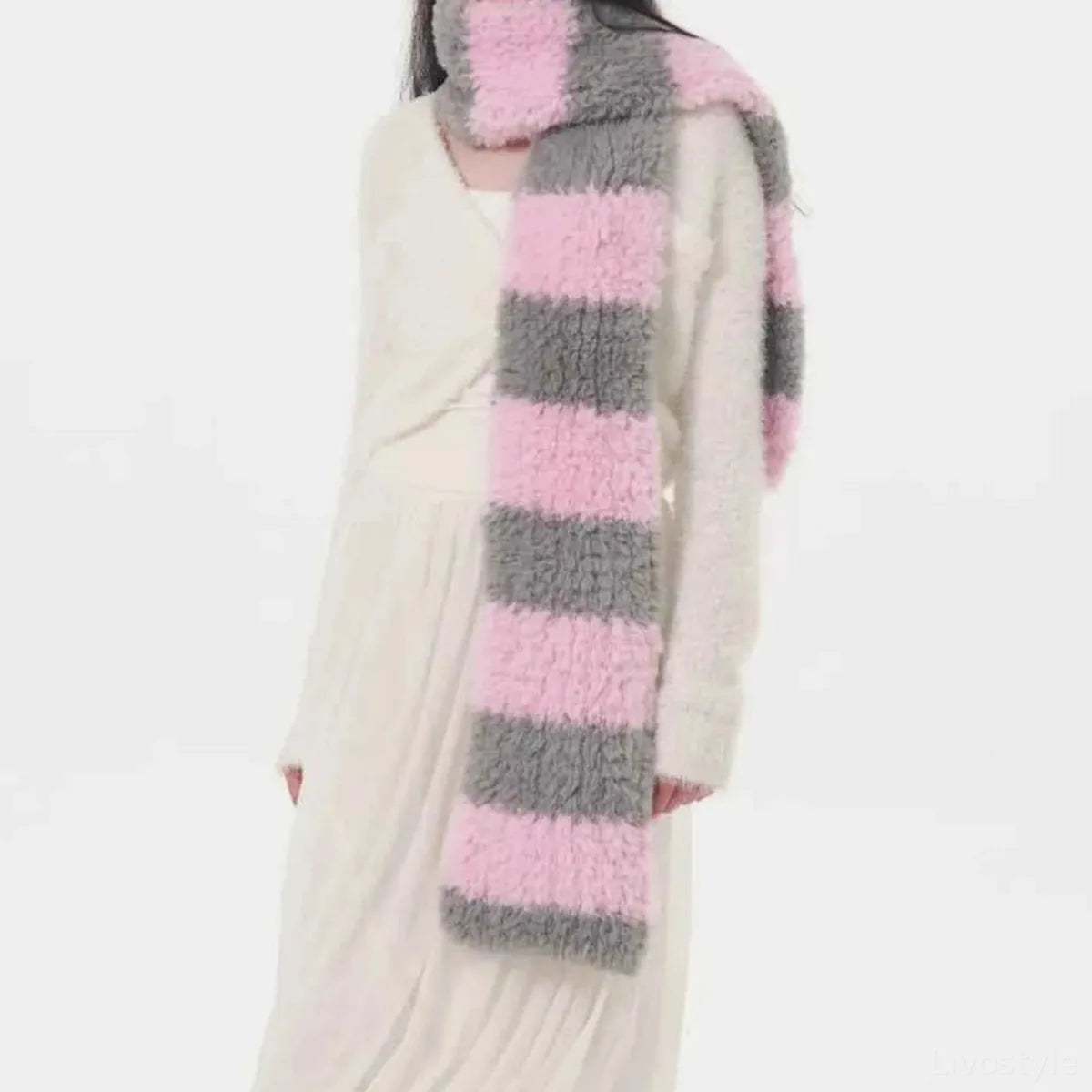 Fuzzy Contrast Striped Scarf