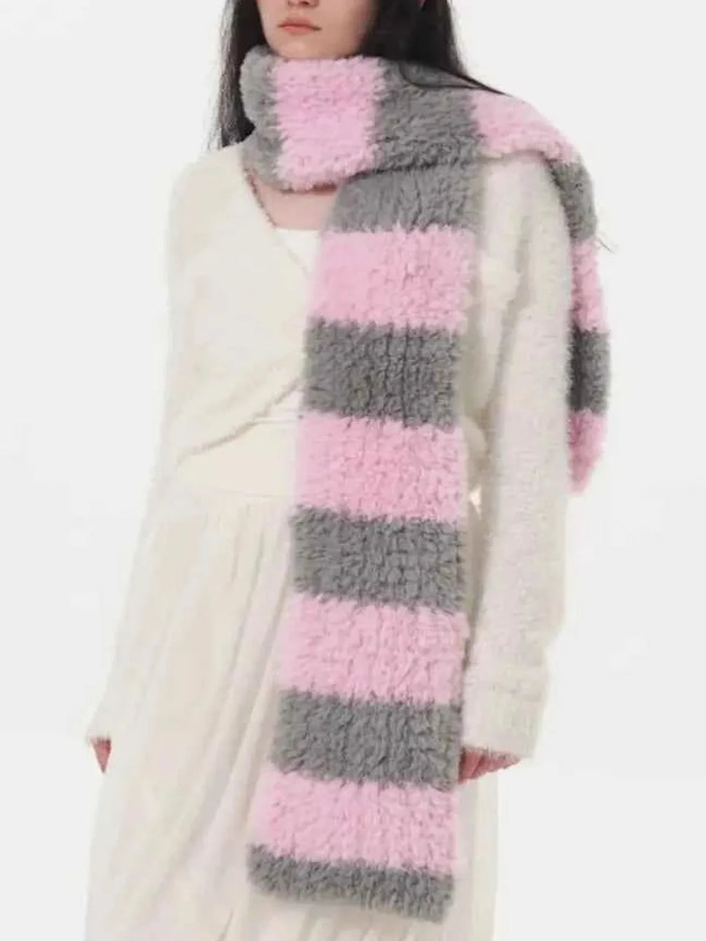 Fuzzy Contrast Striped Scarf