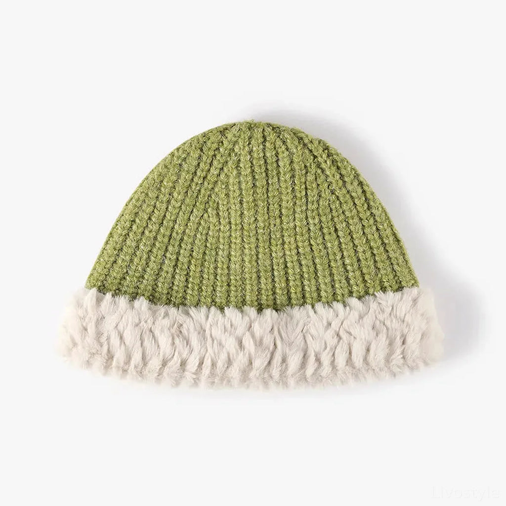 Fuzzy Fur Trim Ribbed Knit Beanie Hat