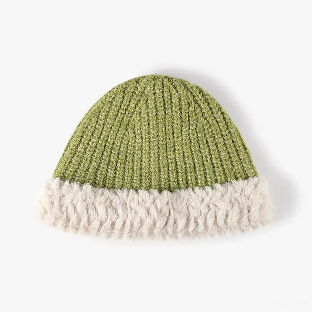 Fuzzy Fur Trim Ribbed Knit Beanie Hat