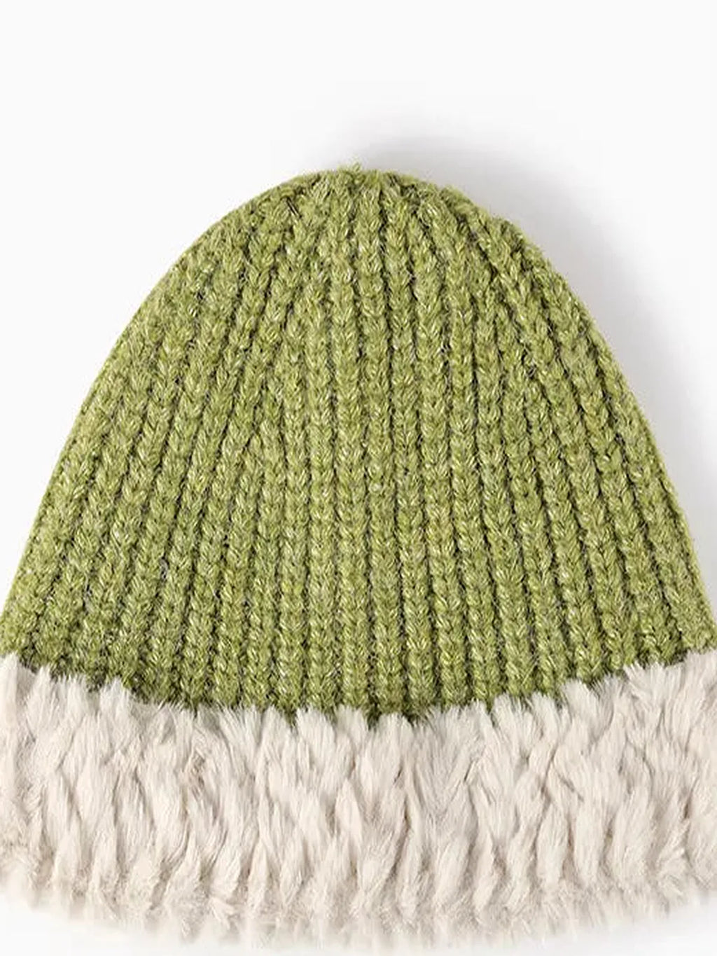 Fuzzy Fur Trim Ribbed Knit Beanie Hat