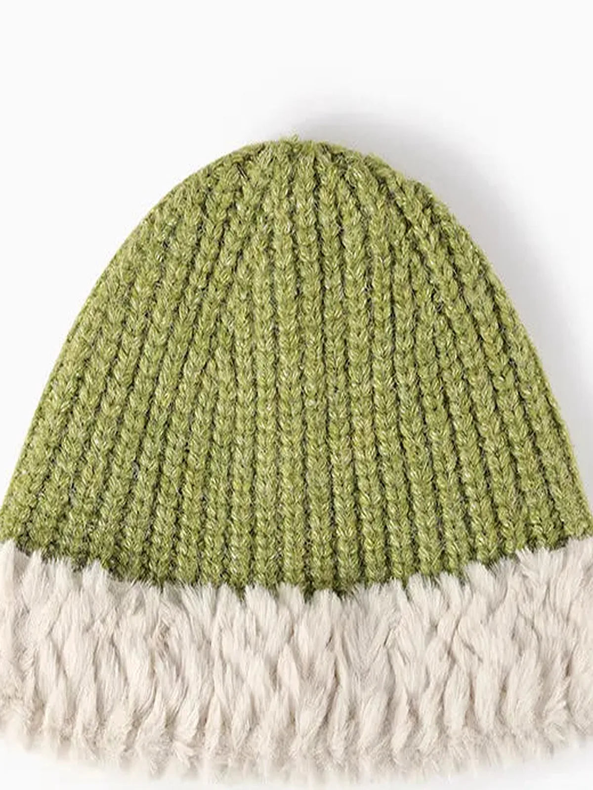 Fuzzy Fur Trim Ribbed Knit Beanie Hat