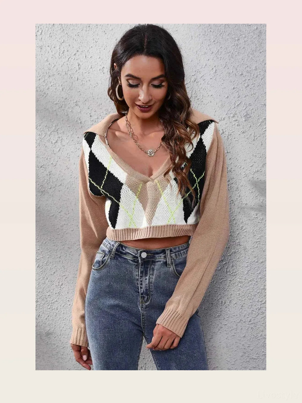 Argyle Geometric V-Neck Cropped Long Sleeve Sweater
