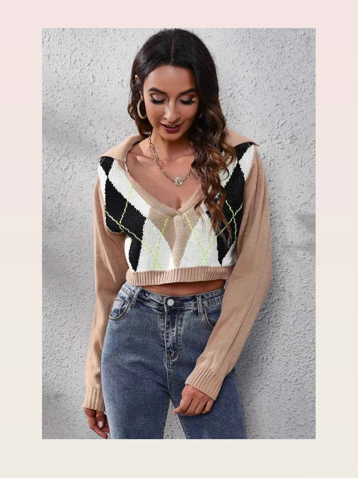 Argyle Geometric V-Neck Cropped Long Sleeve Sweater
