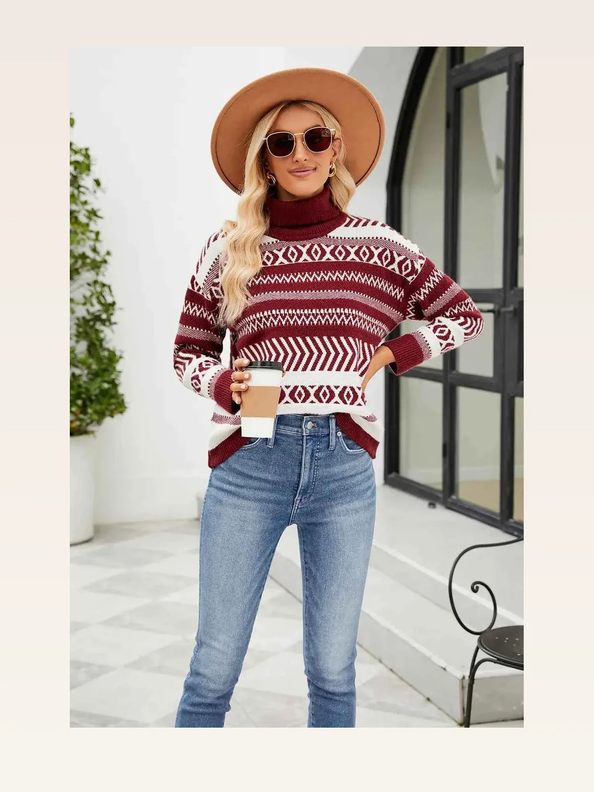 Geometric Print Turtleneck Long Sleeve Sweater