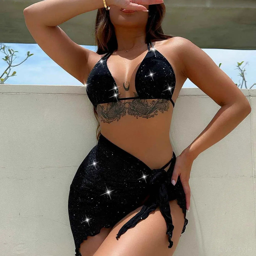 Glitter Halter Neck Backless Three-Piece Swim Set with Sarong