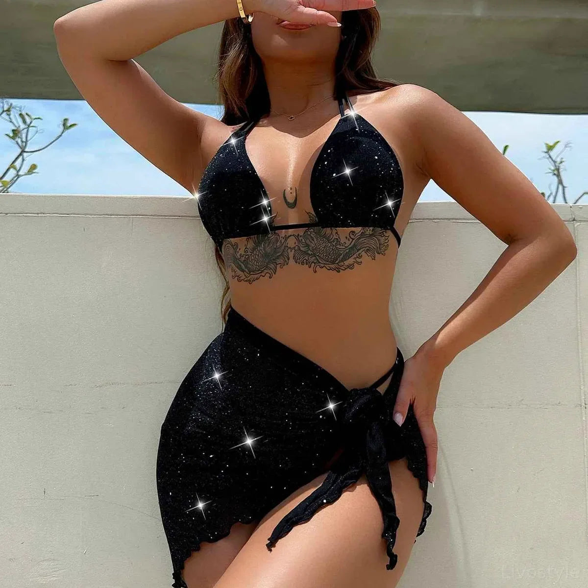 Glitter Halter Neck Backless Three-Piece Swim Set with Sarong