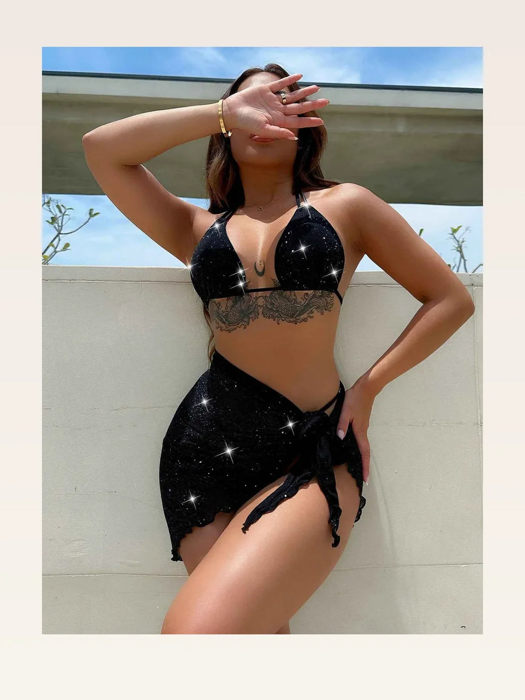 Glitter Halter Neck Backless Three-Piece Swim Set with Sarong