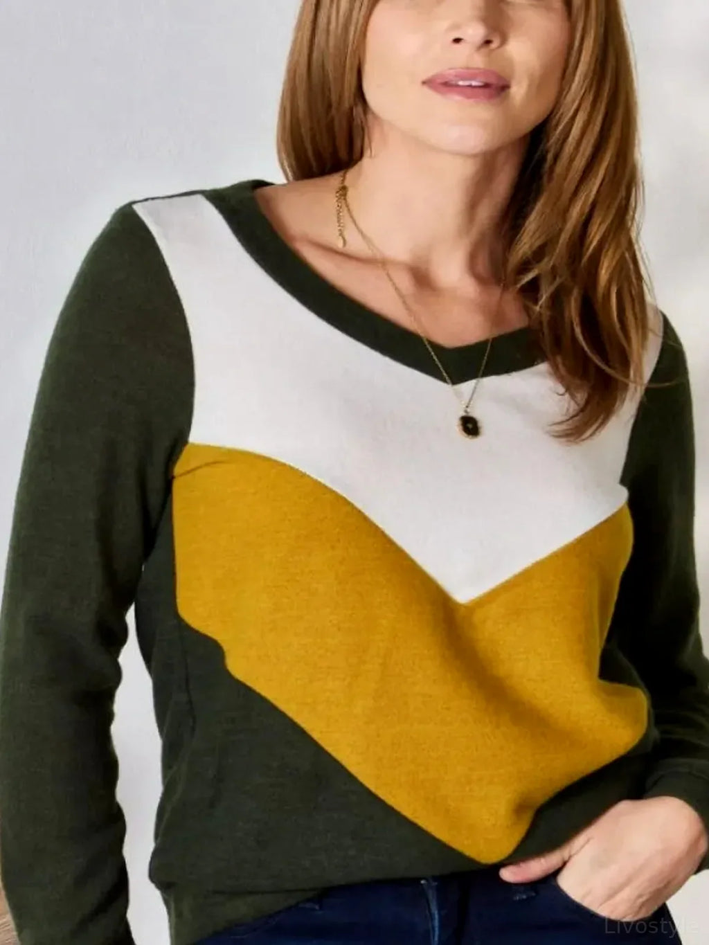 Colorblock V-Neck Long Sleeve Top – Plus Size