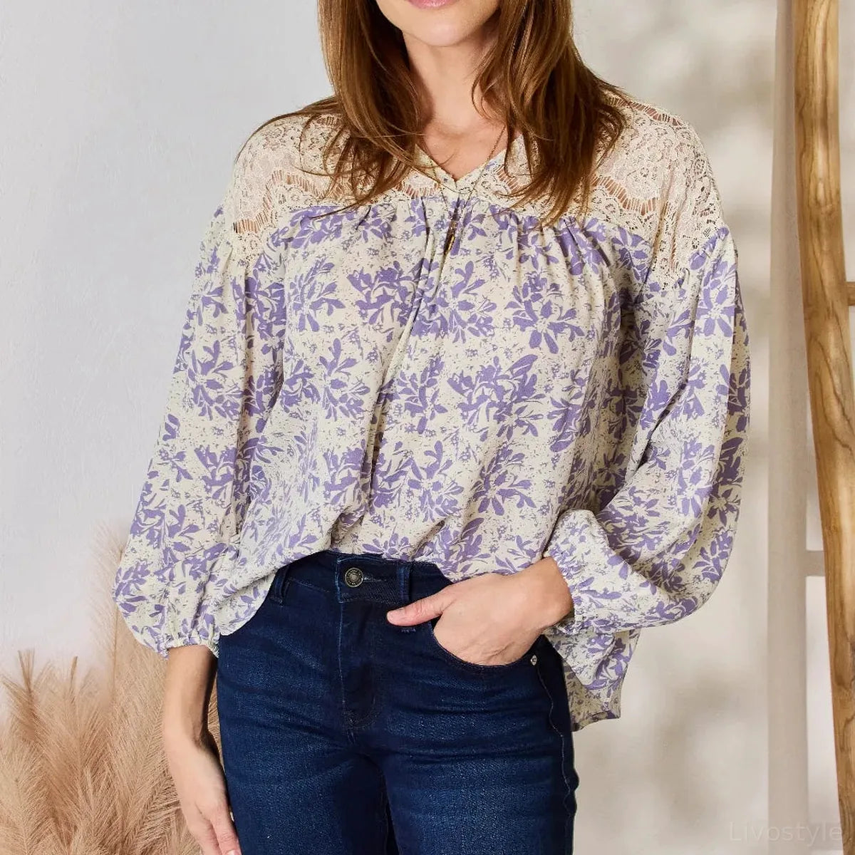 Lace-Detailed Printed Blouse