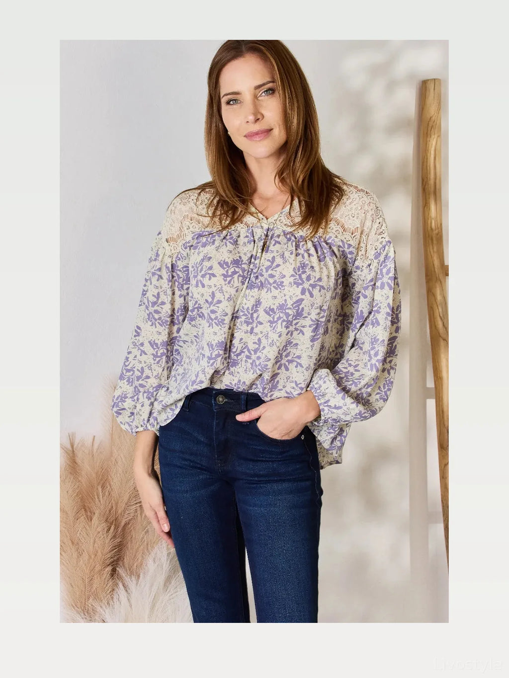 Lace-Detailed Printed Blouse