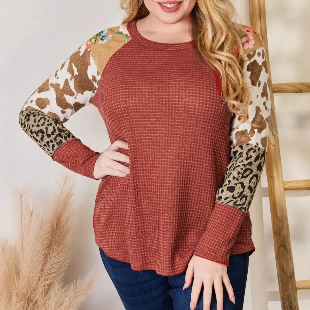 Leopard Print Waffle Knit Blouse with Raglan Sleeves