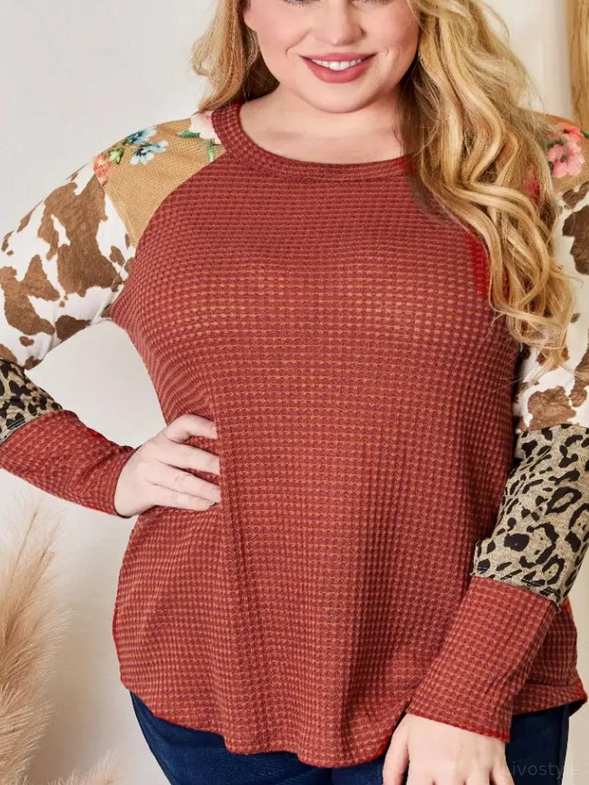 Leopard Print Waffle Knit Blouse with Raglan Sleeves
