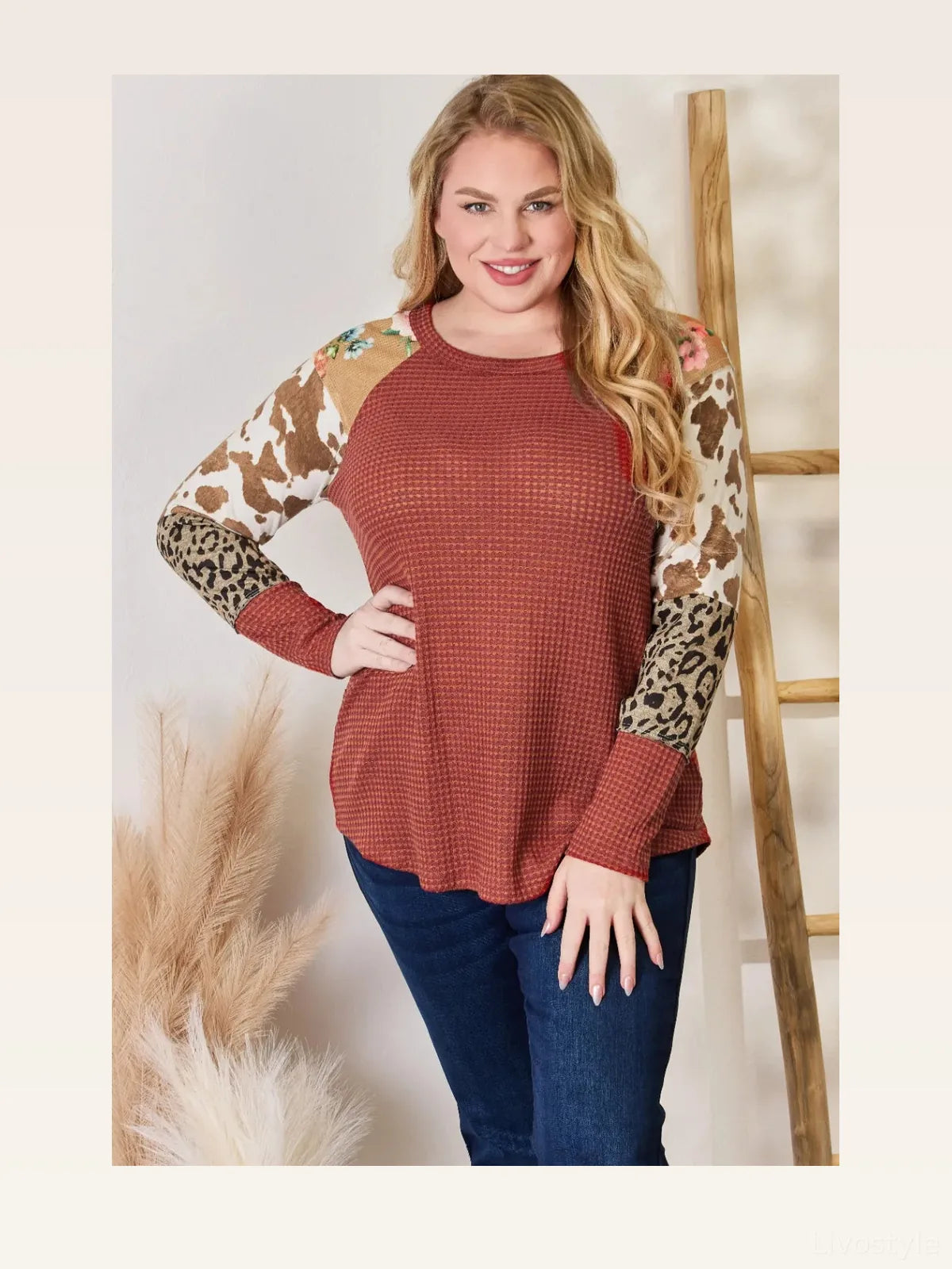 Leopard Print Waffle Knit Blouse with Raglan Sleeves