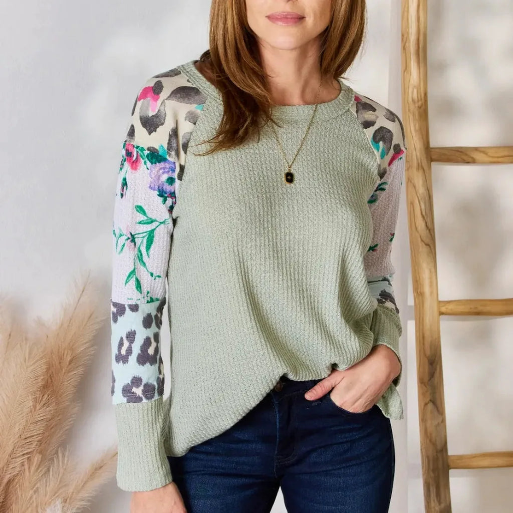 Printed Round Neck Blouse with Patchwork Sleeves