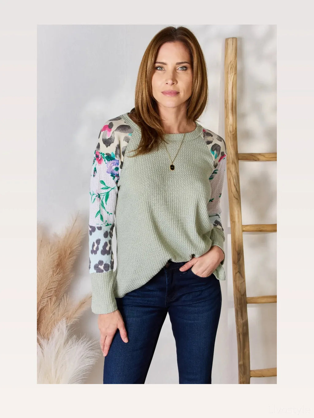Printed Round Neck Blouse with Patchwork Sleeves