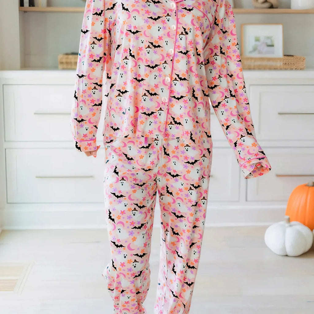 Halloween Ghost Print Button-Up Top and Pants Lounge Set