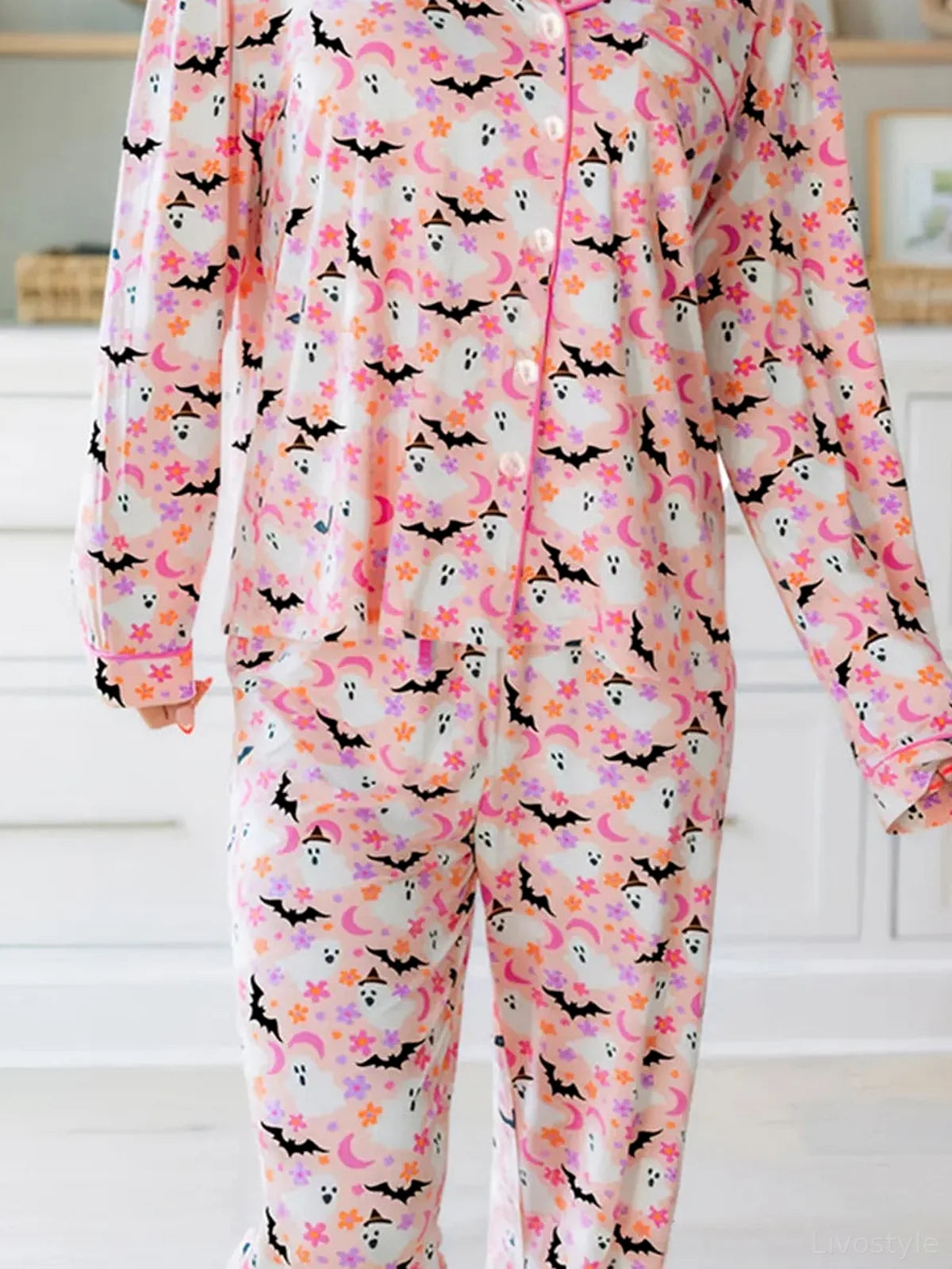 Halloween Ghost Print Button-Up Top and Pants Lounge Set