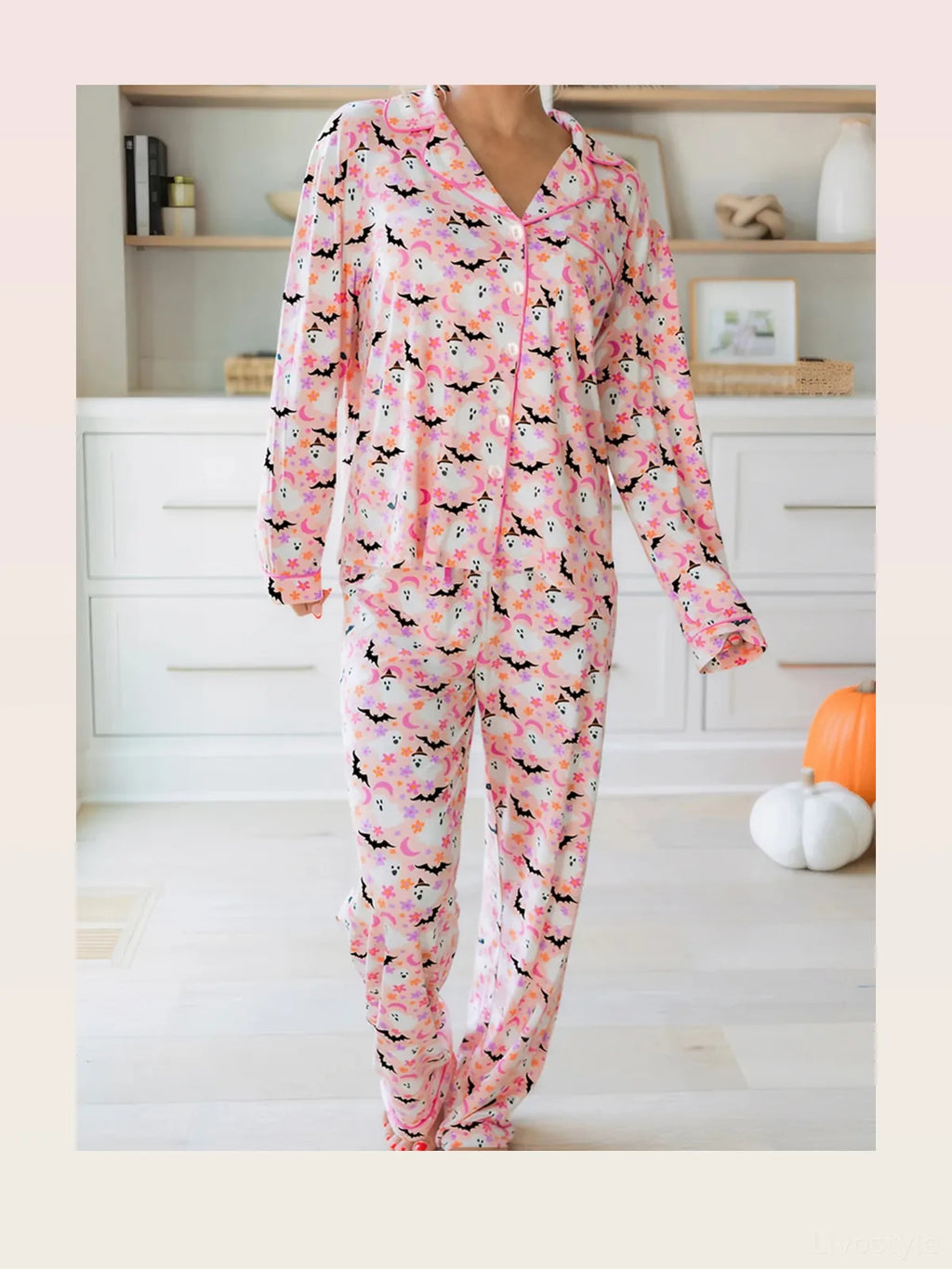 Halloween Ghost Print Button-Up Top and Pants Lounge Set