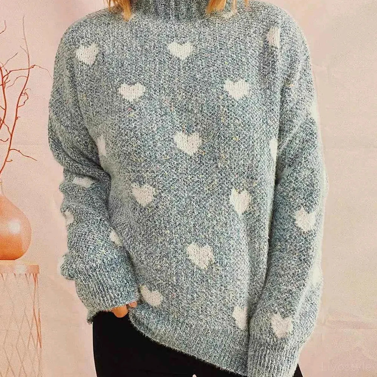 Heart Print Heathered Turtleneck Drop Shoulder Sweater