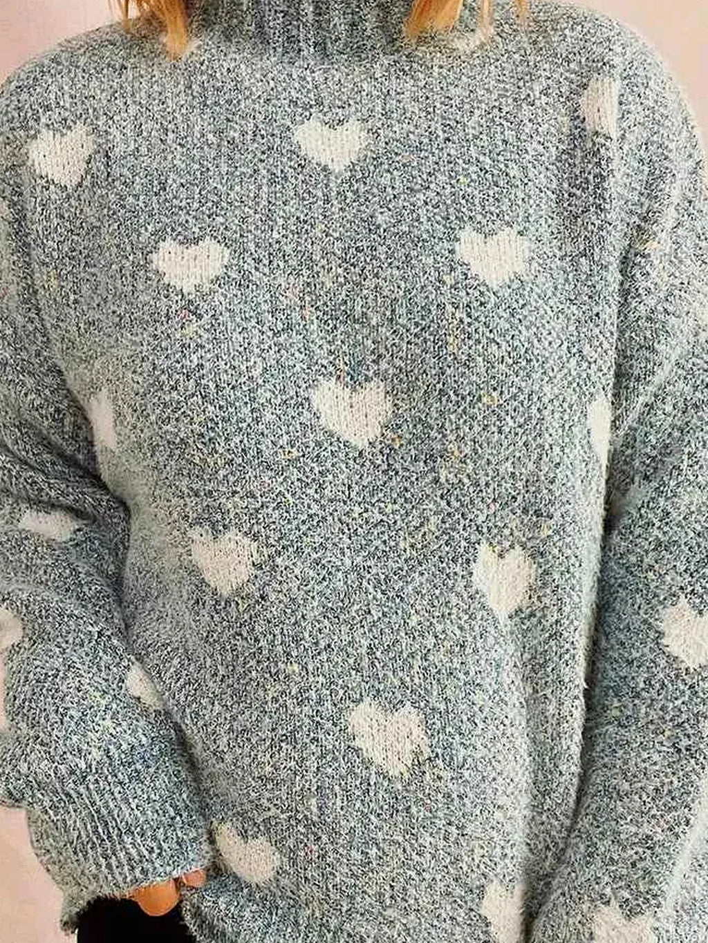 Heart Print Heathered Turtleneck Drop Shoulder Sweater