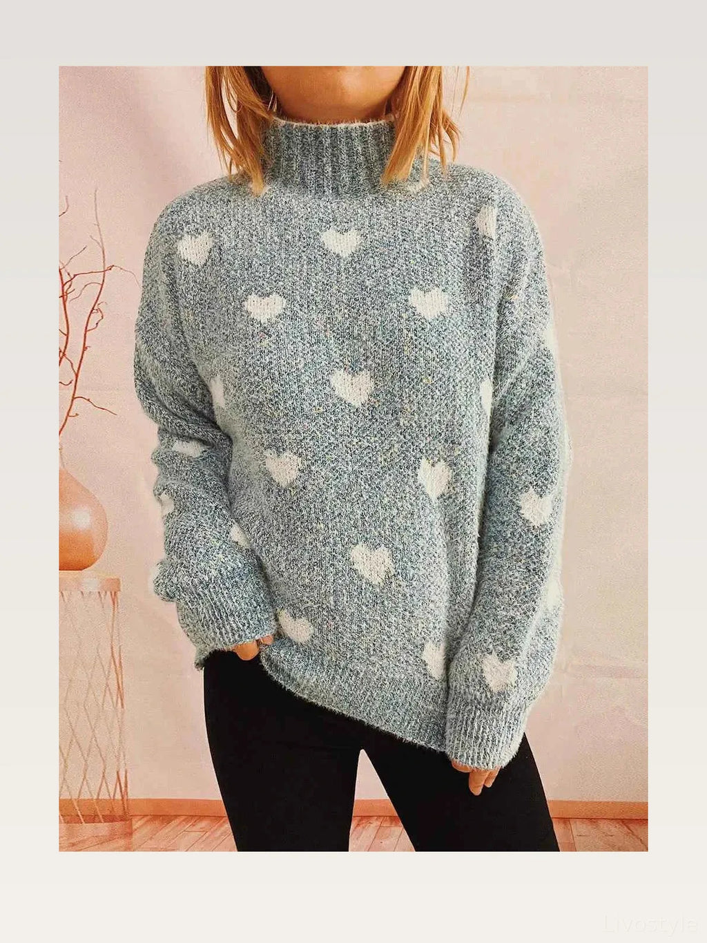 Heart Print Heathered Turtleneck Drop Shoulder Sweater
