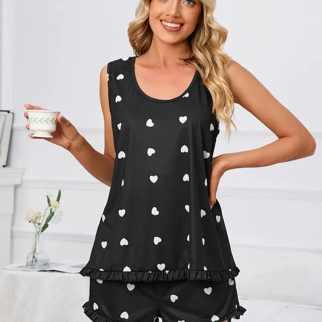 Heart Print Scoop Neck Tank and Shorts Lounge Set