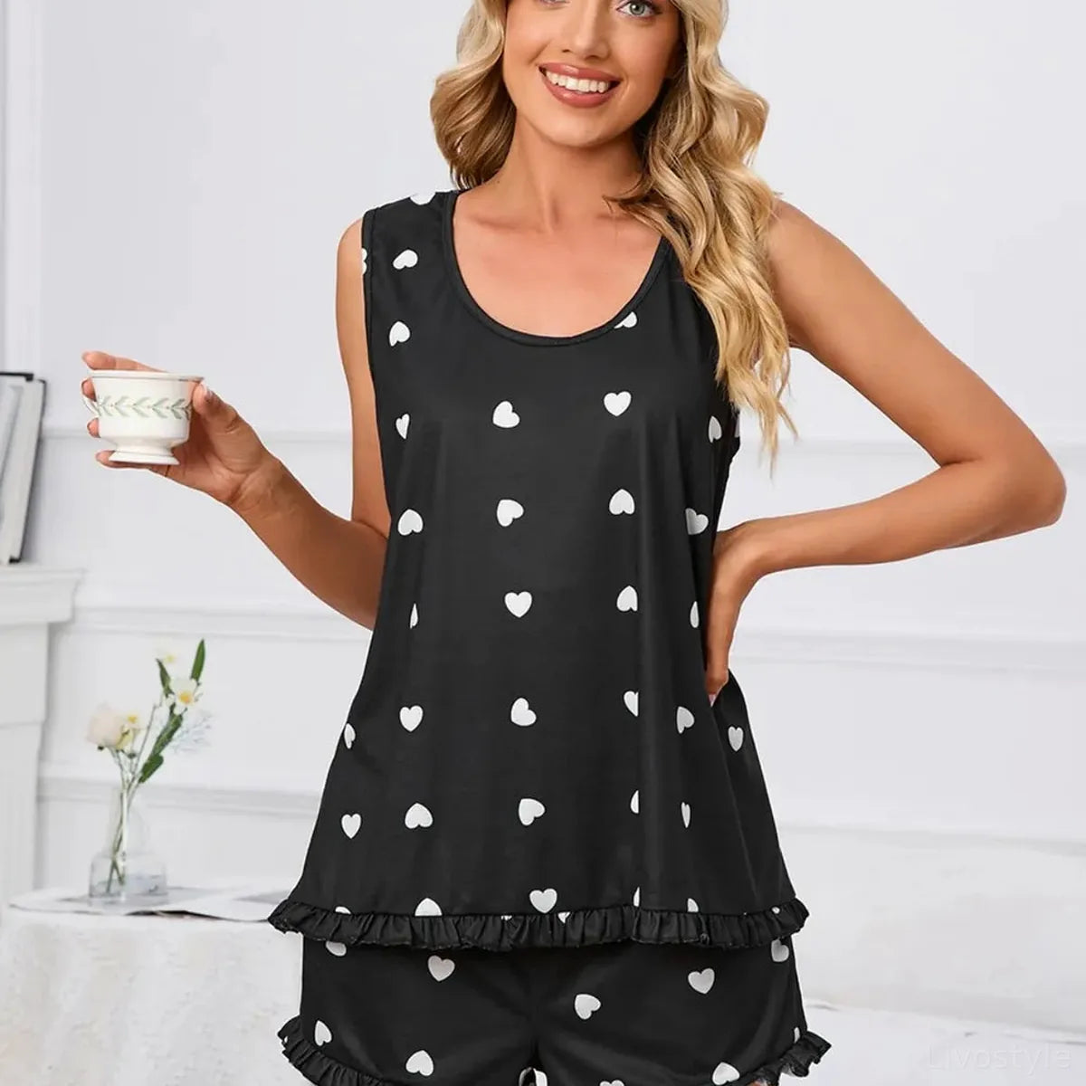 Heart Print Scoop Neck Tank and Shorts Lounge Set