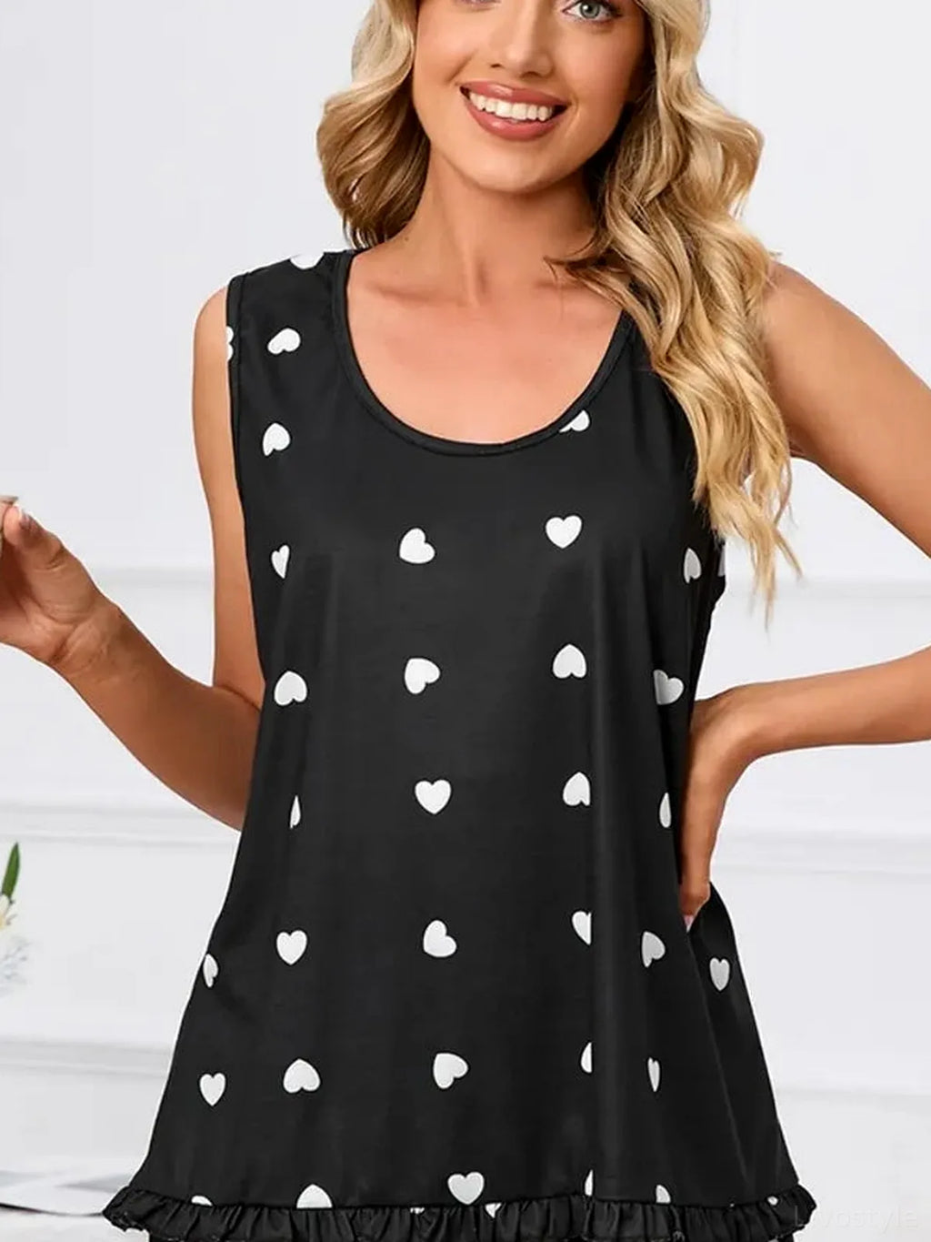 Heart Print Scoop Neck Tank and Shorts Lounge Set