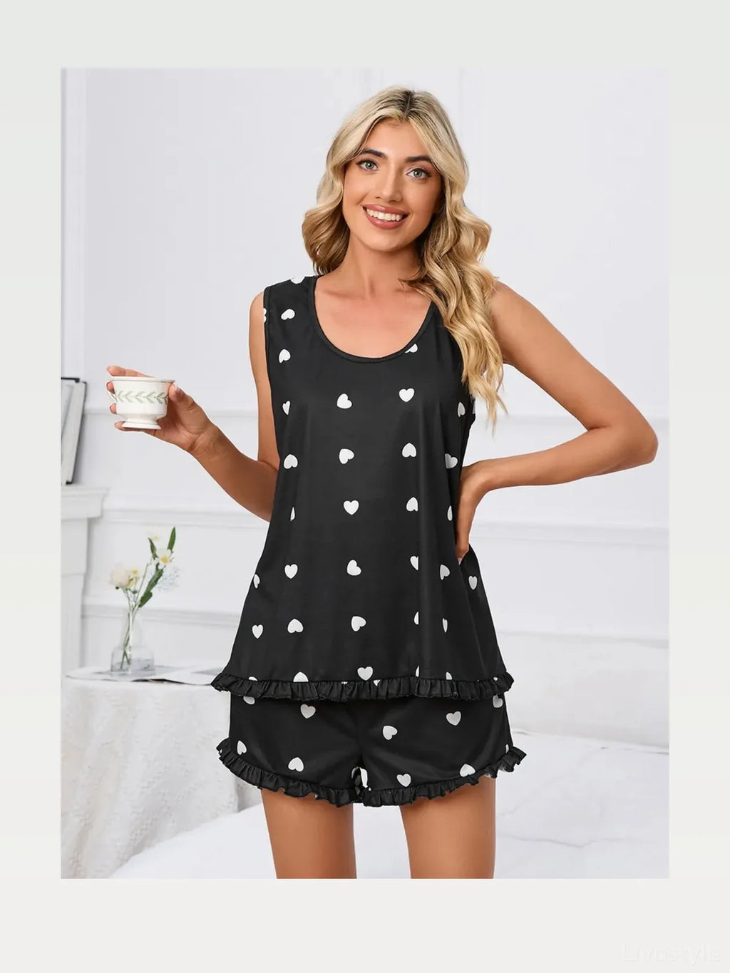 Heart Print Scoop Neck Tank and Shorts Lounge Set