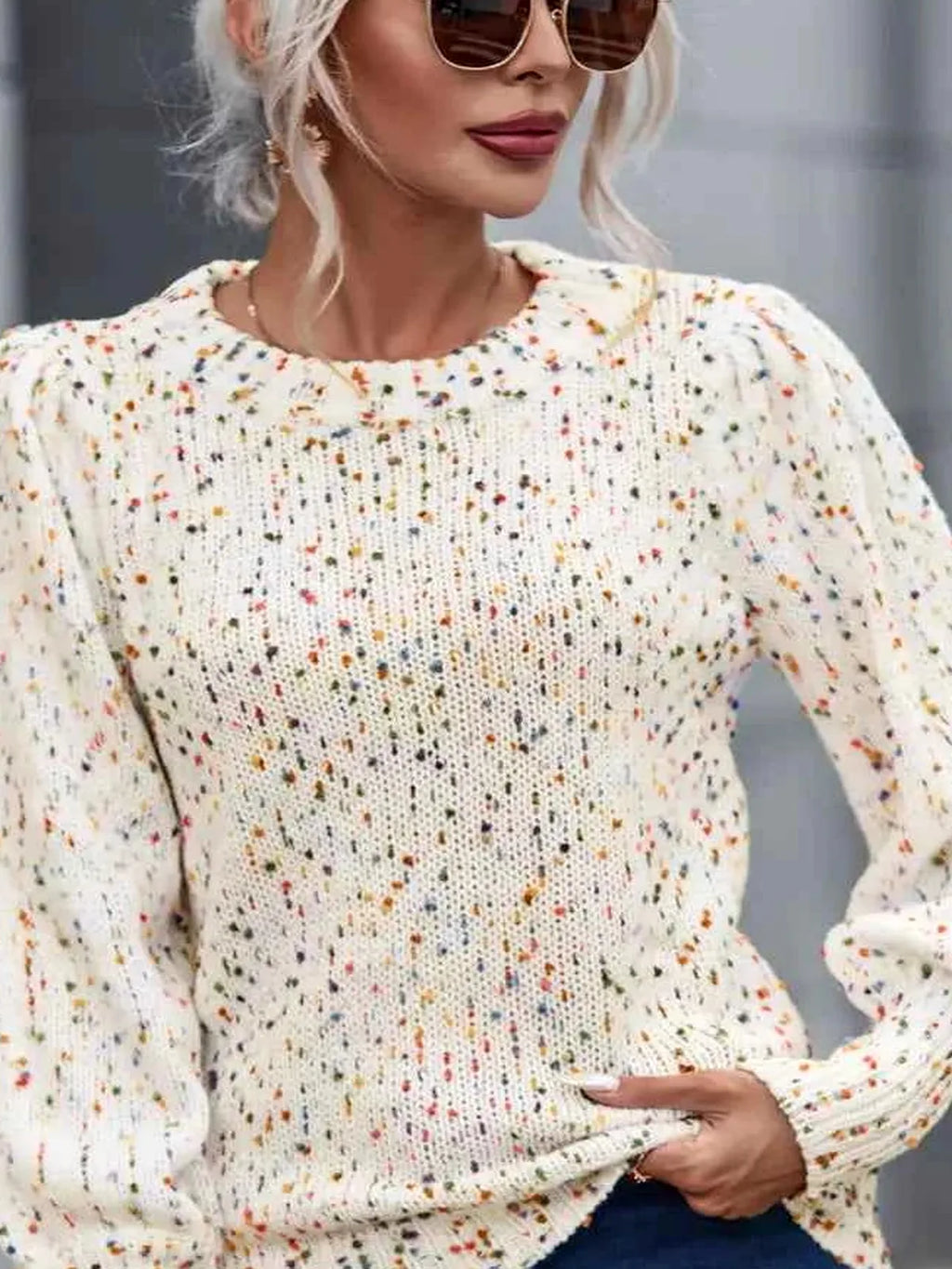 Heathered Round Neck Lantern Sleeve Sweater